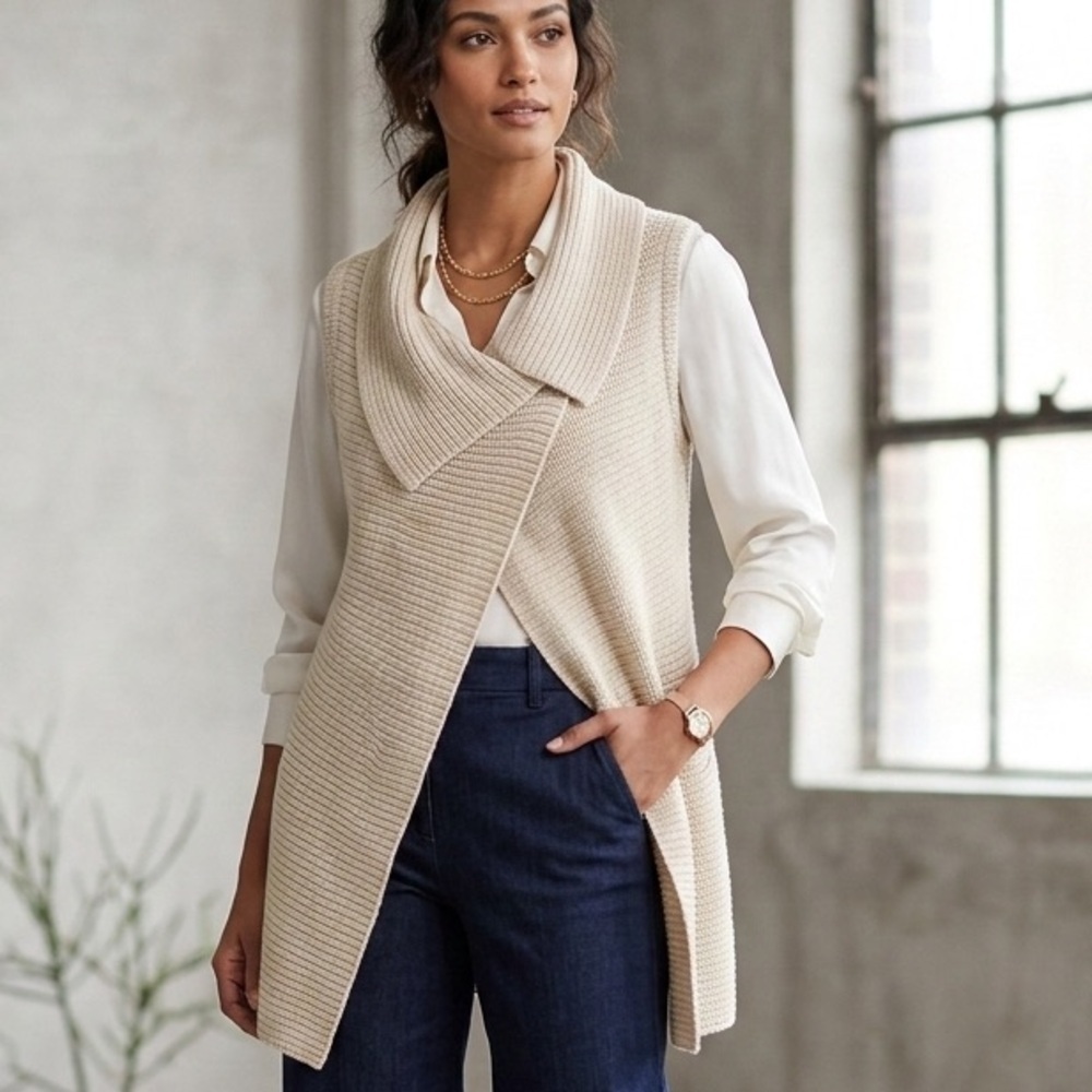Chicos Johanna Open Sweater Vest Sz 0 S Beige Wool Blend NWT